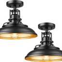 FEMILA Industrial Semi Flush Mount Ceiling Light, 12" Farmhouse Front Porch Ceiling Lighting Fixture, 2 Pack Outdoor Flush Mount Porch Light for Entryway, Hallway, Kitchen, 4FY15-F-2PK BK-1 (Matte Black & Gold)
