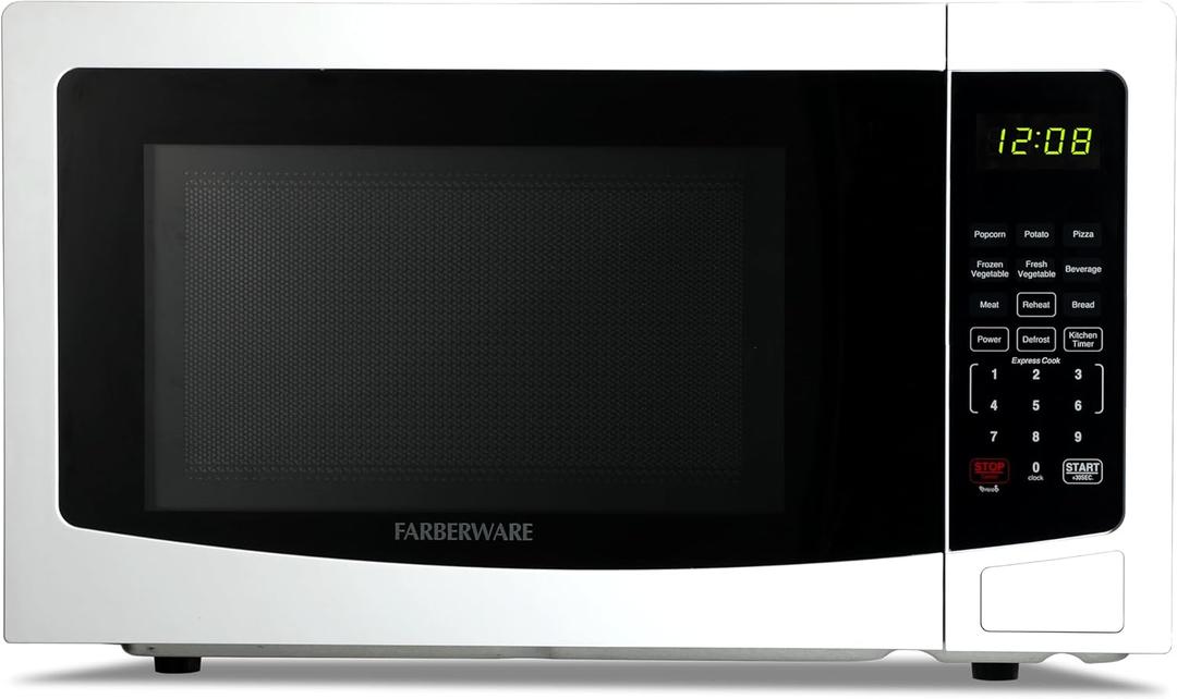 Farberware 1.1 Cu. Ft. Countertop Microwave Oven 1000 Watts Power, Auto Cook Settings, Defrost, Easy Clean and Child Safety Lock - White