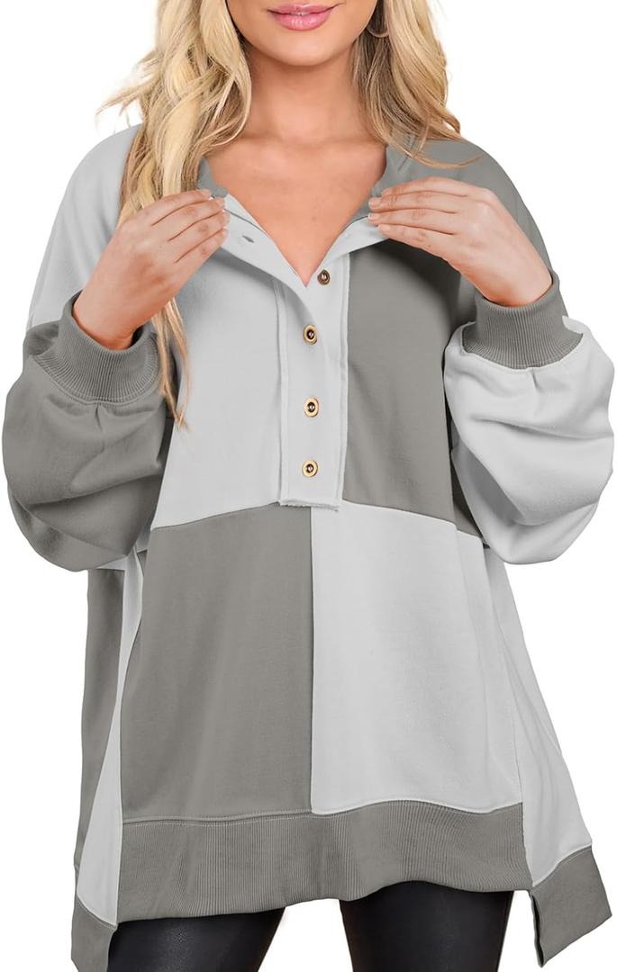 SHEWIN Womens Oversized Color Block Sweatshirts Casual Loose Button Henley Pullover Tops (X-Large, Grey)