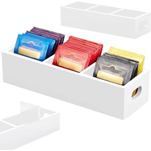 Tea Bag Organizer,Wooden tea bag container,3 Compartments Wood Tea Bag Holder,Sugar Packet Holder, Tea Bag Caddy Box for Countertop(White)