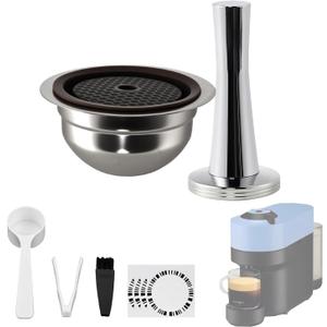 Stainless Steel Reusable Coffee Pods for Nespr*sso V-rtuo - Refillable Capsules Compatible with V-rtuoline PLUS GCA1 and NEXT POP ENV135 Series With 1 Silicone Lid and Tamper (80ML+Tamper)