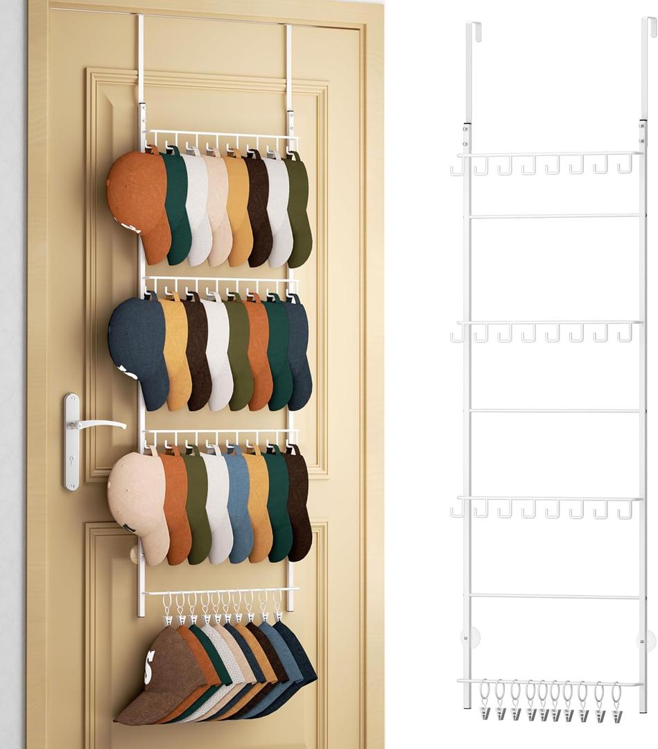 HapiRm Over Door Hat Organizer - 4 Tier Wall Mounted Hat Rack with 24 Hooks and 10 Movable Clips, Hanging Baseball Cap Organizer Storage Holds to 34 Caps for Door, Bedroom, Closet (White)