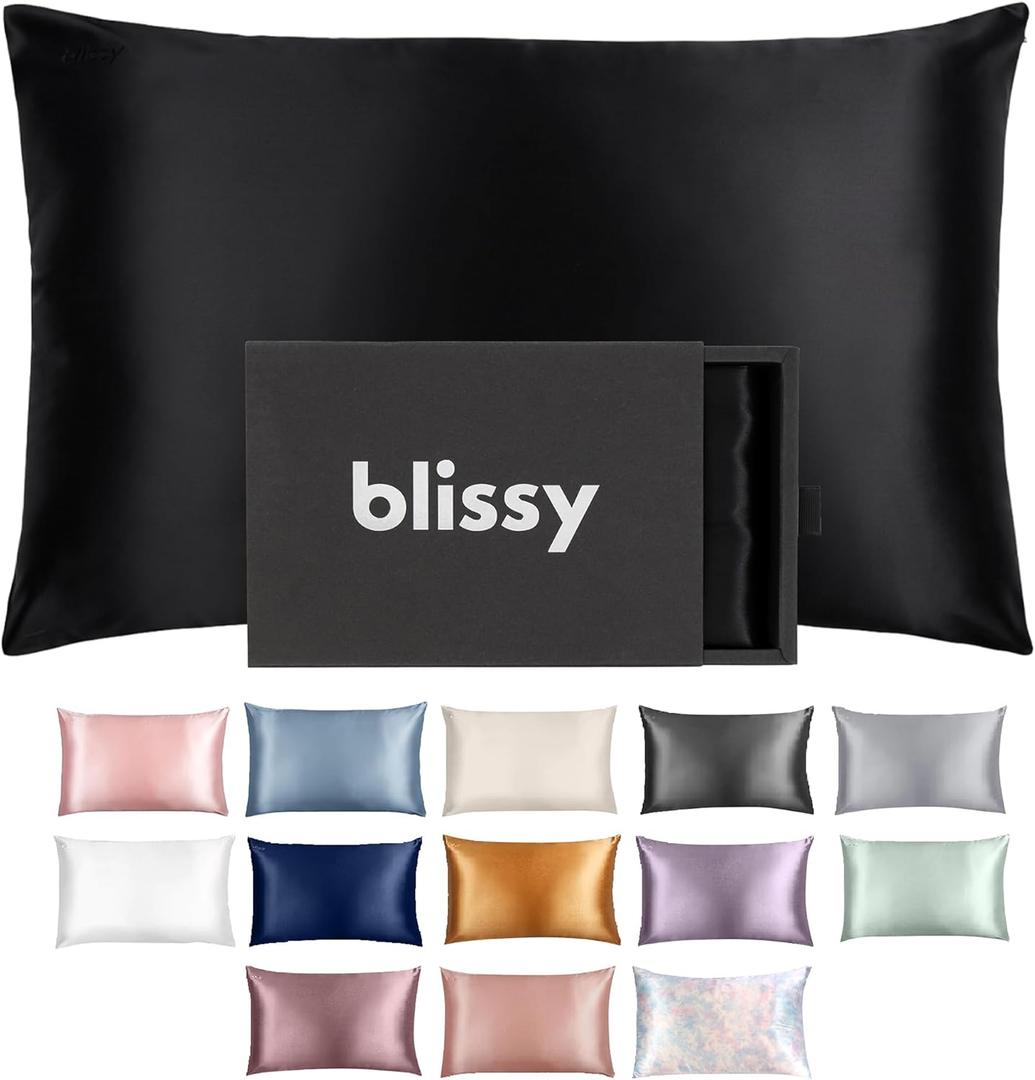 Blissy Silk Pillowcase - 100% Pure Mulberry Silk - 22 Momme 6A High-Grade Fibers - Silk Pillow Cover for Hair & Skin - Regular, Queen & King (Black, Queen)