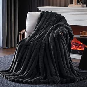 HaloRest Fluffy Faux Fur Throw Blanket Queen Size, Thick 1000GSM Soft Cozy Throw Blankets for Bed, Plush Striped Warm Fuzzy Blanket for Couch LivingRoom Home Decor & Gifts(80"x 90", Dark Grey)