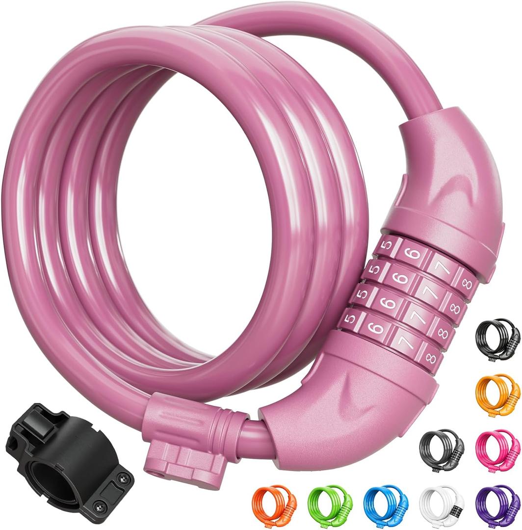Titanker Bike Lock, Bicycle Lock 4 Feet Cable Lock 1/ 2 Inch Resettable Bike Locks Combination with Mounting Bracket, Bike Accessories for Bicycle, Electric Scooter, Motorcycle, Baby Pink