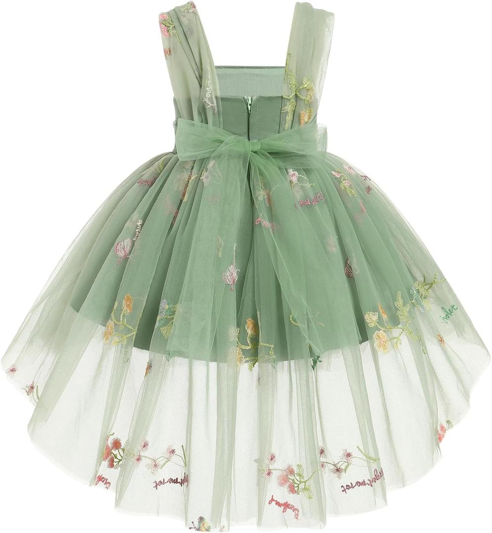 Toddler Baby Flower Girls Sequins Bowknot High Low Tutu Dress Petal Lace Princess Pageant Wedding Birthday Party Formal Gown (12-18 Months, Green Embroidery)