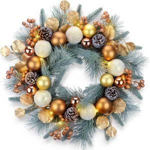 YULETIME 20-inch Christmas Wreath, Battery Operated Holiday Wreath with 20 Fairy Lights, Golden Baubles & Berries, Pine Cones, Golden Leaves, Frosted Spruce Branches and Pine Needles (Gold)