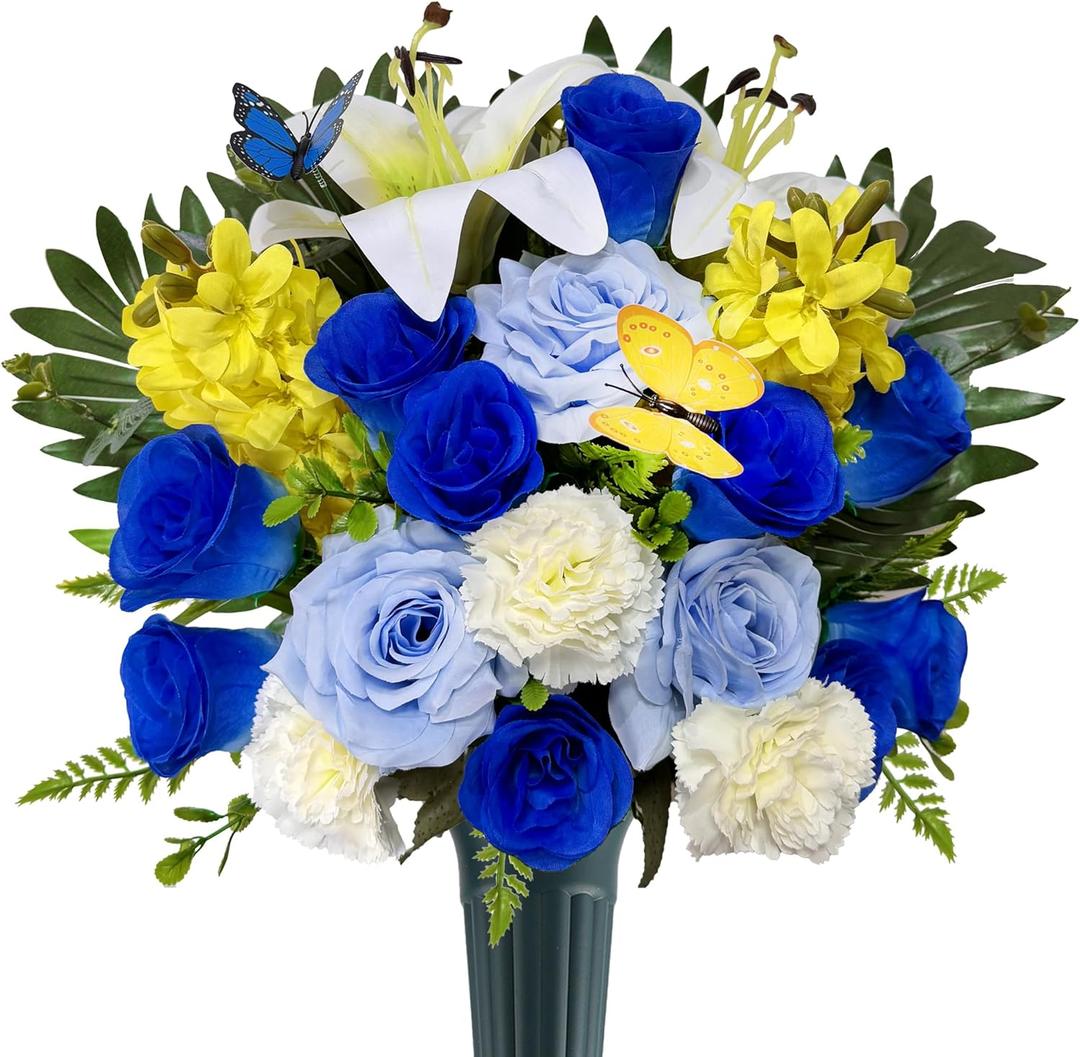 Artificial Cemetery Flowers with Vase for Grave Decoration - Headstones Memorial Flowers Bouquet- Blue Rose White Lily Carnation Yellow Hyacinth