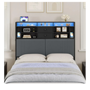 Headboard with 3-Tier Storage Shelves, Velvet Upholstered Headboard with Outlet, 2 USB Ports & LED Light, Headboards Full Size Bed with Two Fabric Drawers, Black and Dark Gray, BH42104B