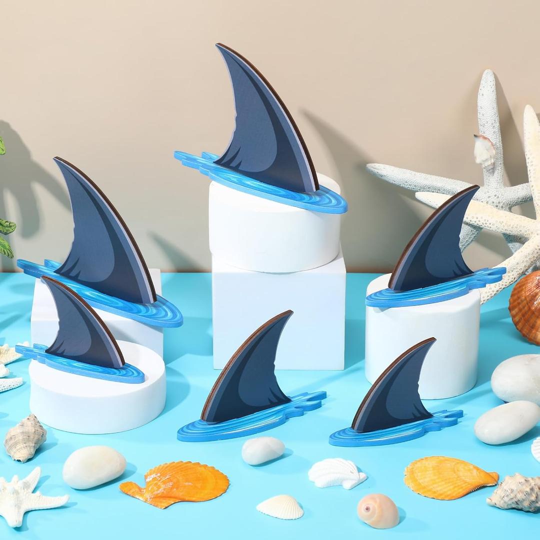 Chunful 6 Pieces Wooden Shark Fin Centerpieces Table Sign Shark Theme Party Birthday Decorations Summer Tiered Tray for Ocean Summer Party Supplies