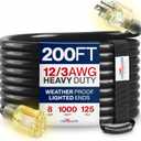 200ft Outdoor/Indoor Extension Cord 12/3 Gauge Extra Heavy Duty 3 Prong SJTW, Waterproof, Flexible Cold-Resistant Long Power Cord,8A 125V 1000W, Black by LifeSupplyUSA