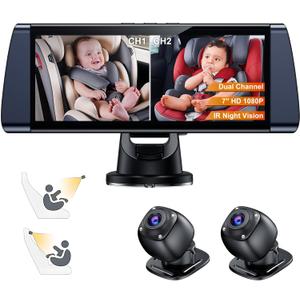 Baby Car Camera for 2 Kids - 7" Split Screen with Dual Carseat Camera - USB Plug and Play Easy Install - Safety Rear Facing Infant Back Seat Monitor with HD 1080P, Night Vision - Black
