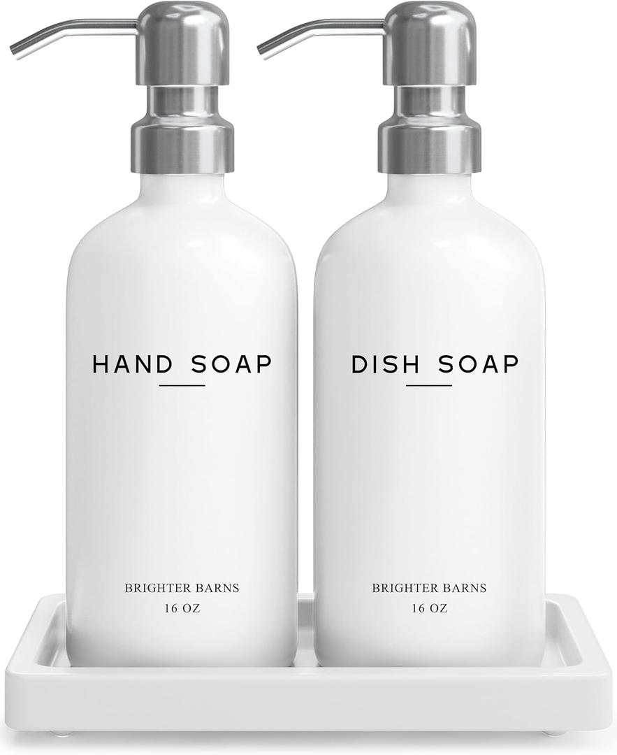 White Glass Hand and Dish Soap Dispenser Set by Brighter Barns - Kitchen Soap Dispenser Set with Tray & Pump for Office, Hotel, Vacation Rental, Airbnb - Modern Kitchen Decor & Accessories (White) (Silver Hd)