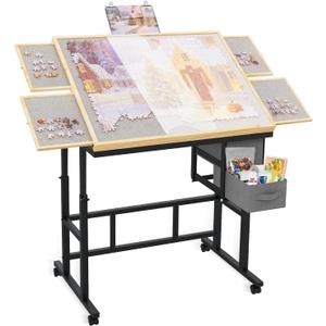 Doerpuz Jigsaw Puzzle Table with Drawers  6,1500pcs Adjustable Height and Five up Angles Puzzle Tables for Adults with Drawers,Cover,Wheels for Indoor Game in Winter(Gray)