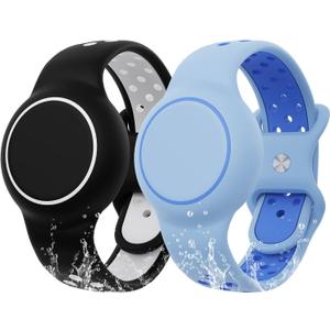 Waterproof Bracelet Compatible with AirTag for Kids (2 Pack), Protective Case GPS Tracker Holder for Child with Full Coverage Hidden Design, Soft Silicone Anti-Lost Wristband Cover for Toddler BWBB (Black White+Light Blue)