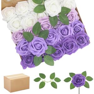 200PCS Artificial Flowers Purple Mixed Series Roses Real Looking Foam Fake Roses with Leaves and for DIY Wedding Bouquets Bridal Shower Centerpieces Party Decorations (Purple Series, 200)