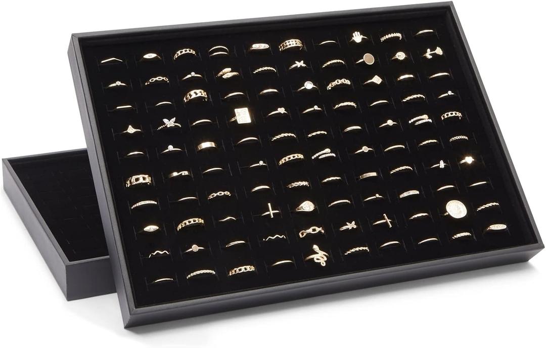 Juvale Ring Display Tray - Velvet Protection & Jewelry Display - Removable Pad & Earring Storage - Stackable Jewelry Trays & Glasses Holder for Nightstand - Pack of 2, 13.8 x 9.5 x 1.3 in, Black
