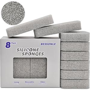 8 Pack Silicone Scrubbing Sponges, Heavy-Duty, Non-Scratch Kitchen Sponges - Reusable, Odor-Free, Perfect as for Cleaning Dishes, Non-Stick, Countertops (Grey) 
