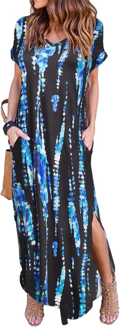 Arolina Women Summer Maxi Dress Short Sleeve V Neck Casual Loose Long Split Dresses Beach Vacation Sundress with Pockets (Blue, M)