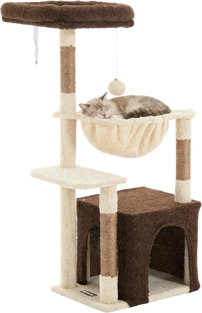 Cat Tree for Indoor Cats, 39.8-inch Cat Tower with 2 Plush Perches for Play & Rest, 1 Cozy Hideaway, Dangling Toy & Full Sisal Scratching Posts for Indoor Cats, Brown