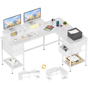 59 inch L Shaped Computer Desk with Power Outlets, Home Office Desk with 4 Adjustable Storage Drawers, Corner Desk with 2 Monitor Stands, Two Person Gaming Desk for Bedroom, White