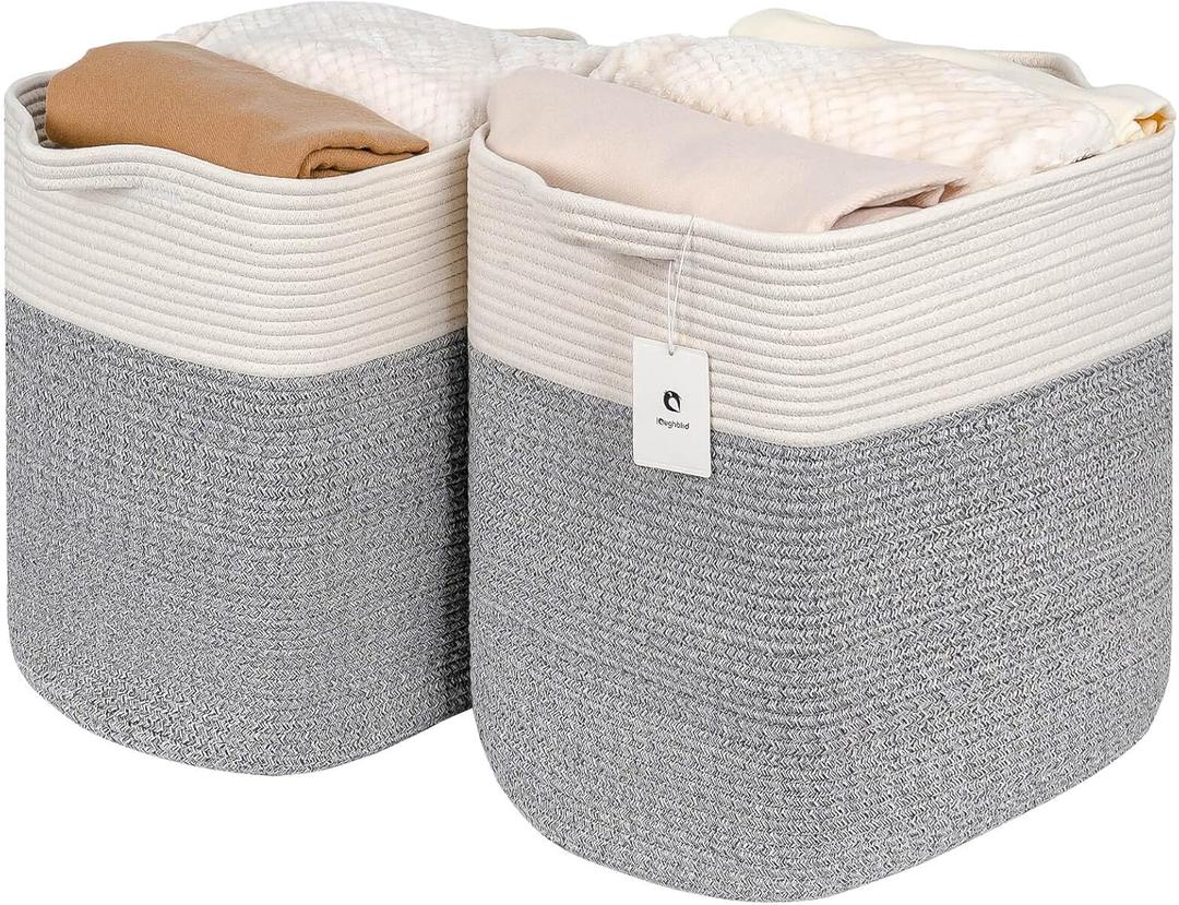 Storage Baskets for Clothes Fabric Cotton Rope Storage Basket with Handles, Decorative Woven Basket for Living Room,Closet Organizer Blankets, and 2bags (Silver Gray, L17.8W12.5H17.9)