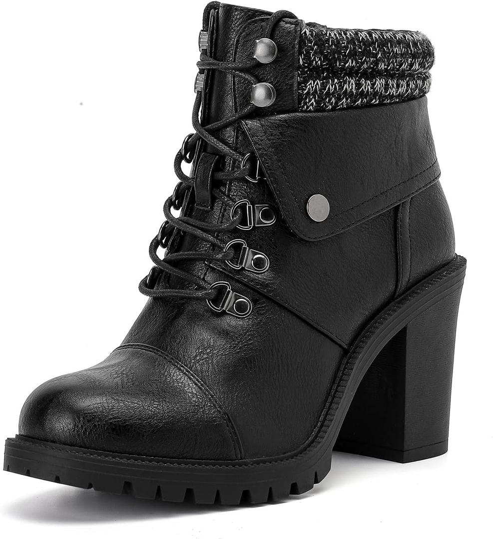 Luoika Women's Wide Width Combat Boots - Extra Wide Width High Heel Side Zipper Slouchy Ankle Boots Short Booties. 241205 Black 9w