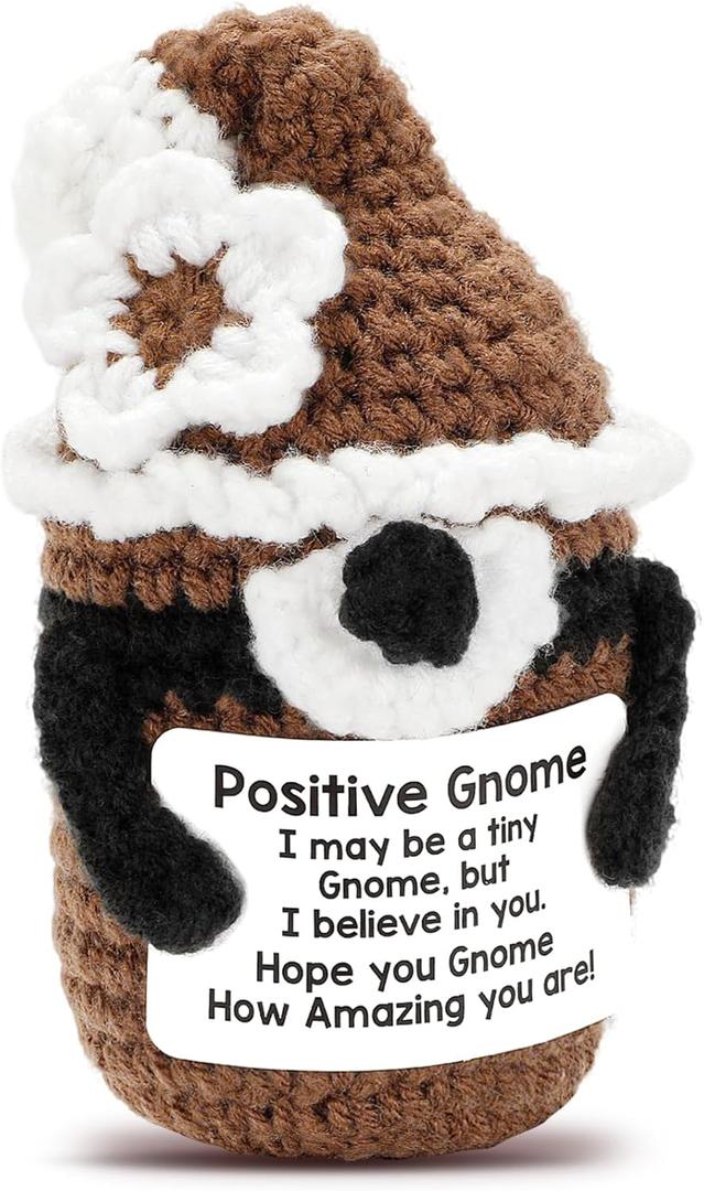 5 x Inspiring Crochet Animals Handmade Positive Gnome, Emotional Support Crochet Gift for Boy/Girl, Daughter Mom Grandma Women Birthday Gifts Ideas (Brown)