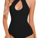 CHYRII Womens Sexy Halter Bodysuit Tops Sexy Cutout Sleeveless Going Out Tops (Large, Black)