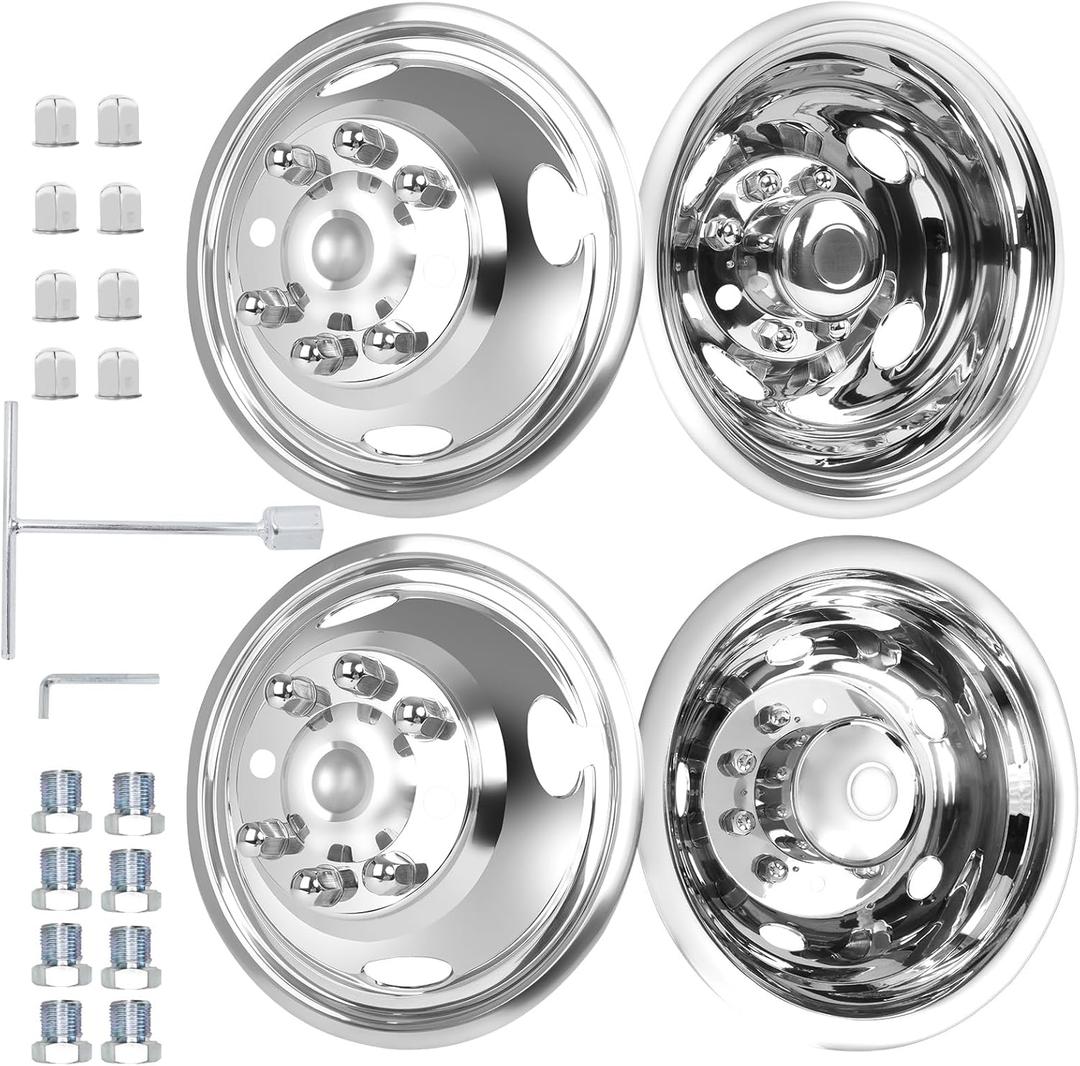 hightall 16 Wheel Simulators, 16" 8 Lug Stainless Steel RV Hubcaps,Polished Surface,2Pcs Front Wheel/2Pcs Rear Wheel,Bolts On Wheel Cover Set Compatible with Ford 2008-2024 E-350/E450 Dual Rear Wheel
