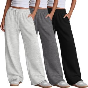 Neer 3 Pack Women's Wide Leg Sweatpants Yoga Baggy Lounge Pants Travel Cozy Workout Drawstring Loose Joggers with Pockets, Black, Light Gray, Gray (XL)