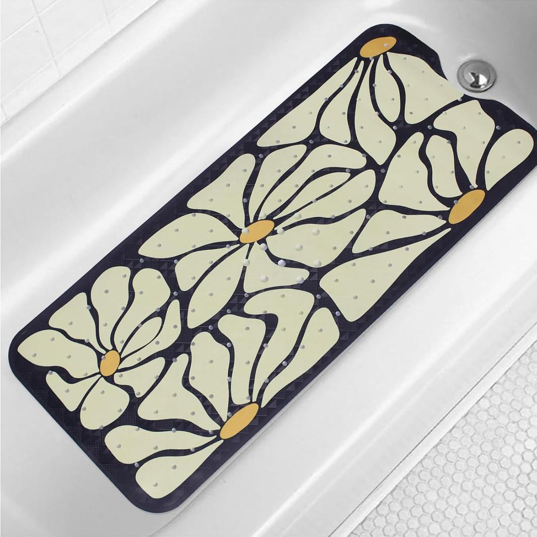 Floral Bathtub Mat Non Slip for Kids Botanical Extra Long Anti Slip Bath Mat for Tub Abstract Flower Bath Shower Mat with Large Drain Holes and Suction Cups Quality Plant Design Bathroom Decor 40x16in