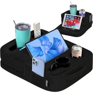 Couch Cup Holder Tray Pillow - Bed, Couch Caddy, Sofa, RV & Car - Holds Drinks, Snacks, Remotes, Phones, Kindle, Tablet | Bed Cup Holder (Black)