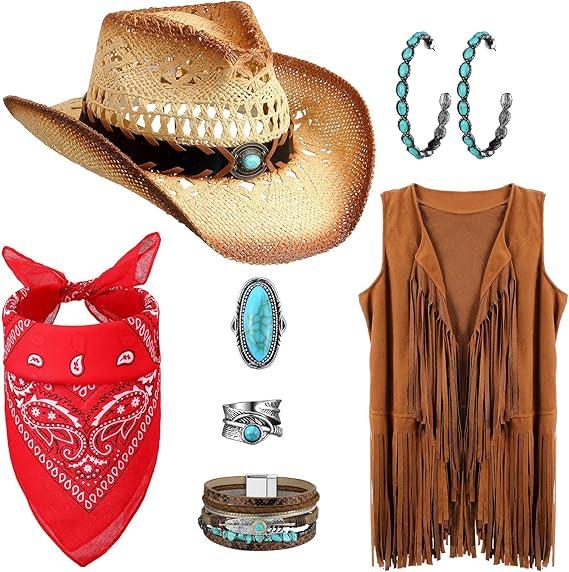 Ecally 7 Pcs Western Cowgirl Outfit Tassels Fringe Vest Bohemian Turquoise Jewelry Kit Cowboy Hat Bandana for Women Cosplay