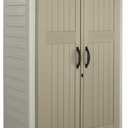 Rubbermaid Vertical Resin Outdoor Storage Shed With Floor (4 x 2.5 Ft) Weather Resistant Beige/Brown Organization for Home/Backyard/Pool Chemicals/Toys/Garden Tools/Porch/Patio Cushions