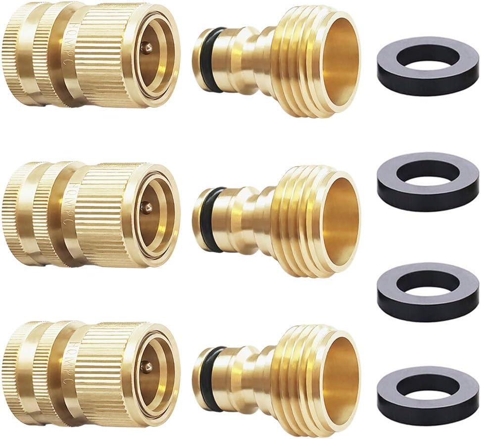 HQMPC Garden Hose Quick Connect Solid Brass Quick Connector Garden Hose Fitting Water Hose Connectors 3/4 inch GHT (3 SETS)