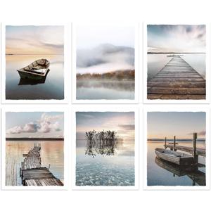 Color Play Lake Scene Wall Art Pictures Boat Pier Artwork Mountain Forest Prints Nature Landscape Photograph for Living Room Wall Decor Unframed 8x10 Inches Set of 6 (Lake Theme 01)