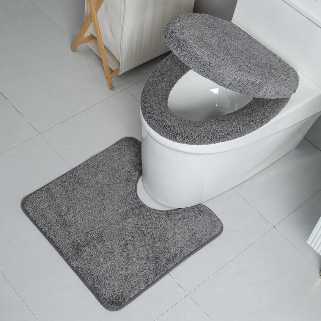 3piece Toilet Seat Cover Set - Toilet Seat Cover +Toilet Lid Cover + toilet rugs u shaped washable, Fits Most Elongated Round and Oblong Toilet(Machine Washable, Quick-Dry)