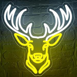 Deer Head Neon Sign for Wall Decor Animal Deer Neon Light Dimmable LED Light Up Sign for Man Cave Church Bedroom Bar Hunting Party Restaurant Christmas Birthday Gifts Art Size 13.3 * 14.1In(WZCP064), Yellow Deer