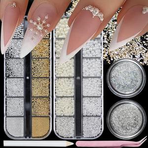 Nail Art Charms Cream Flatback Nail Pearls Clearl AB Nails Gems Rhinestones Mixed Size 0.03-0.2in Nails Design Decoration for Women Manicure DIY(Gold Silver)
