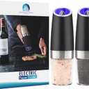 Gravity Electric Pepper and Salt Grinder Set, Battery Operated Pepper Mill with Blue LED Light, One Hand Operation, Flip to Grind, Adjustable Coarseness (Black 2X)