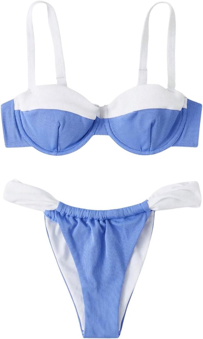 SOLY HUX Women's Color Block Underwire Bikini Sets Bathing Suits Two Piece Swimsuits (Medium, Blue and White Colorblock)