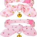 Kifmurase 2 Pcs Cotton Bowtie Cat Collar with Bell, Breakaway Kitten Collar with Love Heart Cherry Pattern with Removeable Bow, Adjustable Pink Girl Cat Collars with Safety Clasp for Kitten Puppy Dogs