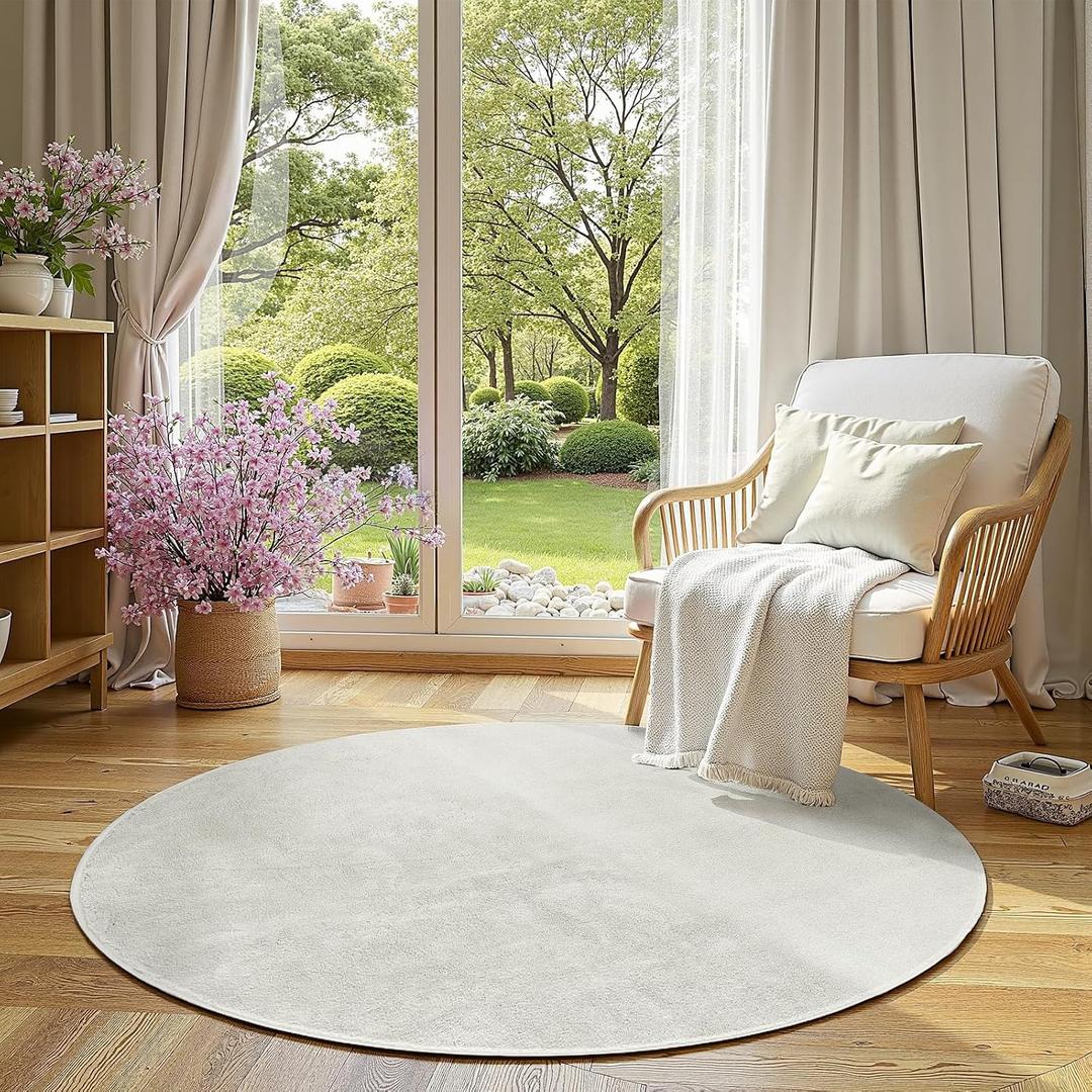 jinchan Solid Plush Round Rug 5ft Performance Shaggy Circle Rug 5' Round Washable Indoor Soft Modern Faux Wool Non Slip Carpet for Living Room Kids Room Bedroom Dining Room Ivory
