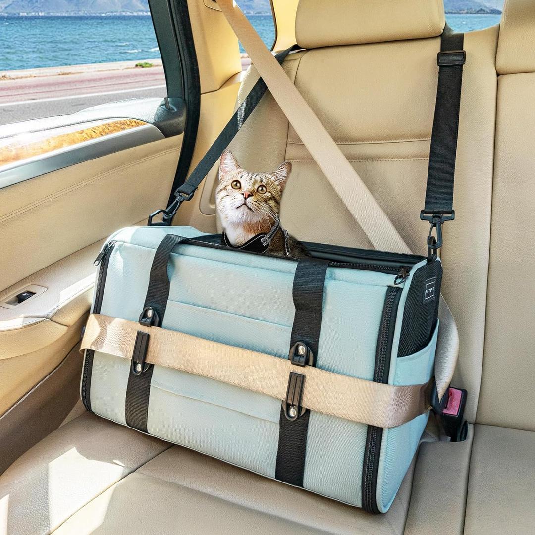 PETSFIT Soft-Sided Cat Carriers & Car Seats with Patent Safe Buckles, Clip-On Harness 18"x11"x11" Airline Approved Pet Carrier - 9 lbs Capacity (Cyan Blue) (Medium)