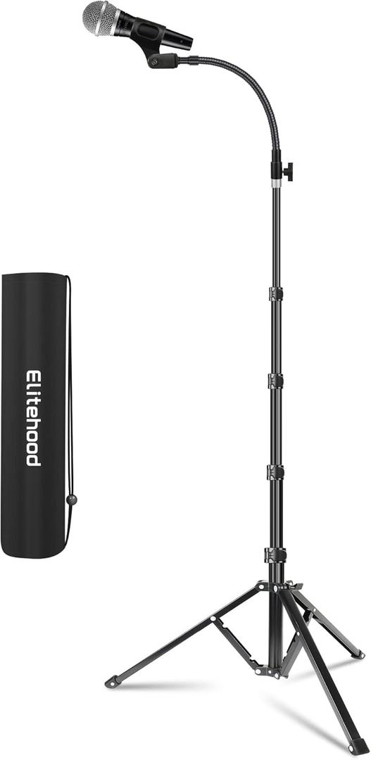 Elitehood Aluminum Foldable Microphone Stand, 82 Tall & Height Adjustable Mic Stand Boom, Microphone Tripod Stand with Mic Clip Holder for Singing, Performance, Karaoke, Speech, Stage and Outdoor