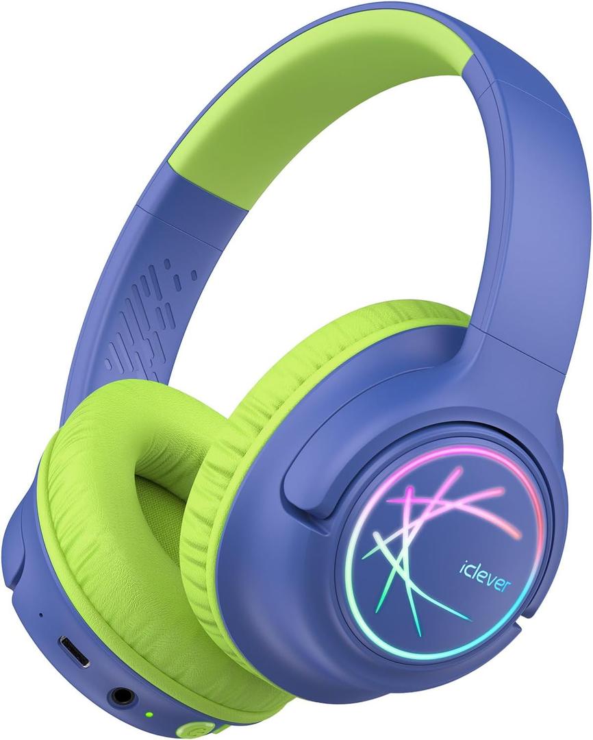 iClever Kids Bluetooth Headphones with LED Lights, BTH18 Safe Volume 74/85 dBA, 43H Playtime, Bluetooth5.3 Kids Headphones Wireless Aux Cord for iPad/Tablet/Travel/School, Green/Blue