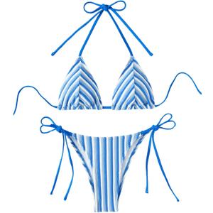 Women's 2 Piece Bikini Sets Halter Tie Side Triangle Swimsuit Striped Bathing Suit (Blue), XS