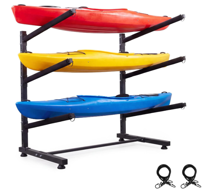 Bonnlo YNK Kayak Storage Rack, Freestanding Kayak Stand for Indoor Outdoor Garage/Backyard/Shed, Heavy Duty Adjustable Kayak Cart for Boat Dock, Kayak, Surfboard, Canoe, Surfboard(3-Tier Elongated)