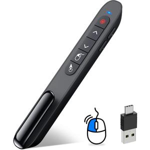 DINOSTRIKE USB-A and USB-C Presentation Clicker with Air Mouse Control, Rechargeable Wireless Presenter Remote PPT Pointer RF 2.4GZ PowerPoint Clicker Slide Advancer for Mac Computer Laptop